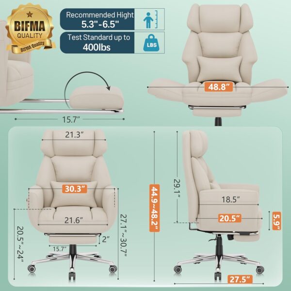 GABRYLLY Office Criss Cross Chair with Footrest, Big and Tall Executive Chair with Wide Seat,Reversible Armrest,Wheels, Lumbar Pillow and 120°Tilt,Computer Desk Chair for Gaming,Meditation,Ivory - Image 3