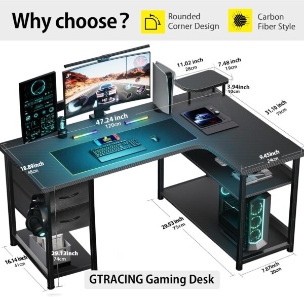 GTRACING Gaming Desk with Drawers, Carbon Fiber Style L Shaped Computer Desk Compatible with Monitor Arm Corner Desk Gaming Table for Home Office Desks, Easy to Assemble Adjustable Shelf Height - Image 6