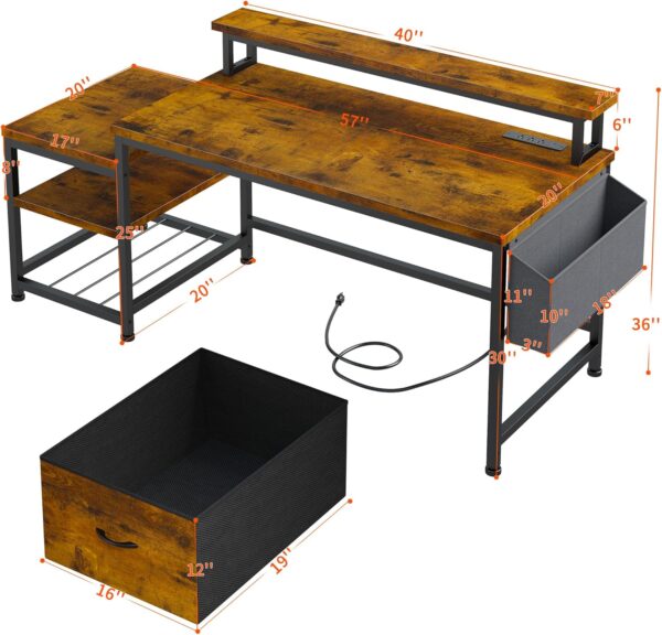 EnHomee 57" Office Desk with Drawers and Printer Space,Computer Desk with Power Outlets,Home Office Desks with File Drawers Cabinet,Study and Gaming Desk with Shelves Monitor Stand,Rustic Brown - Image 2