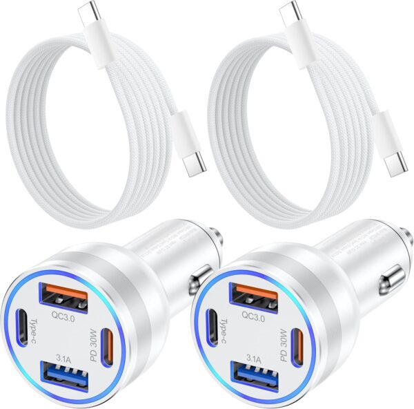 iPhone 16/15 Pro Max Plus Car Charger, Agtray 4-Port 65W USB C Car Charger Fast Charging Cigarette Lighter 12v Car Adapter & 6FT USB C Braided Cable for iPhone 16 15 Pro Max Plus, iPad Pro Air Mini