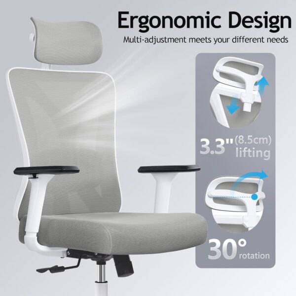 KERDOM Ergonomic Office Chair, Rolling Swivel Executive Desk Chair, Breathable Mesh Gaming Chair with Adjustable Headrest, 3D Armrest and Lumbar Support for Home Office LightGray - Image 3