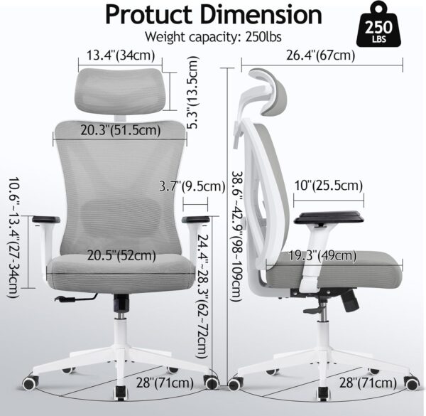 KERDOM Ergonomic Office Chair, Rolling Swivel Executive Desk Chair, Breathable Mesh Gaming Chair with Adjustable Headrest, 3D Armrest and Lumbar Support for Home Office LightGray - Image 2