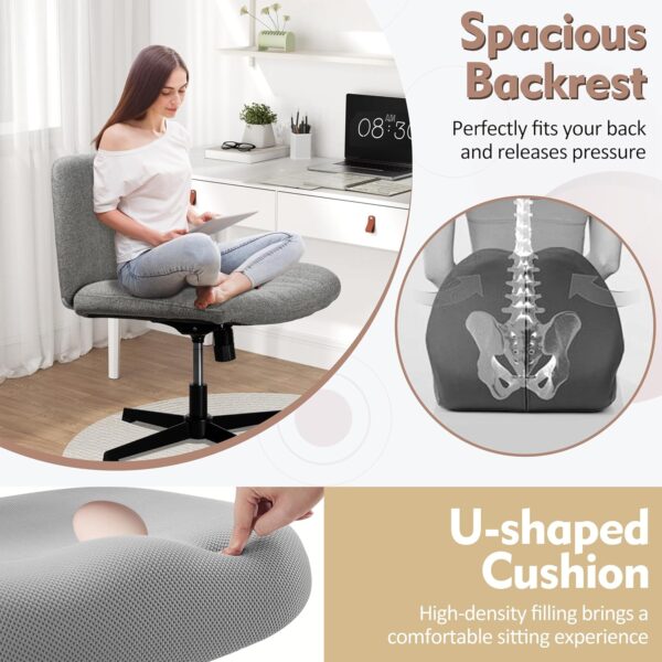 SUNLEI Cross Legged Office Chair, Armless Wide Chair's for Vanity Desk, Criss Cross Comfy Chairs with Back, Desk Chair/s of Height Adjustable Swivel, Light Grey - Image 4