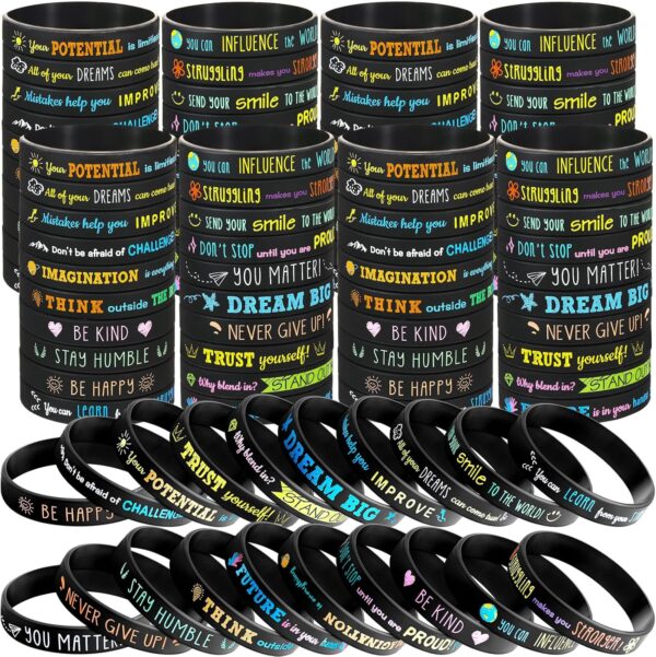 120 Pcs Motivational Quote Silicone Bracelets Bulk Colored Inspirational Rubber Wristbands Unisex Accessories for Women Men Teacher Home Office Party Favor Gifts Supplies(Black)