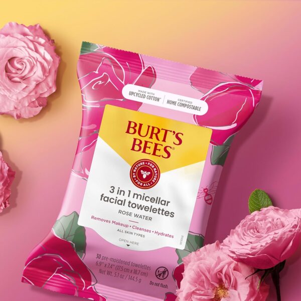 Burt's Bees, Rose Water Face Wipes, for All Skin Types, Hydrating Micellar Makeup Remover & Facial Cleansing Towelettes, 30 Count (1 Pack) - Image 7