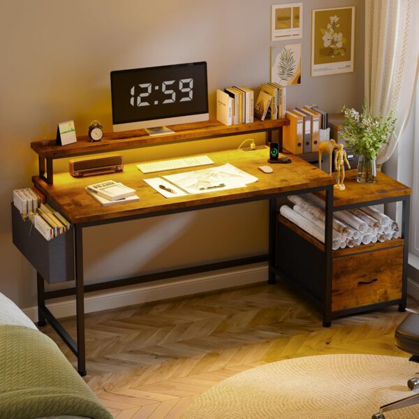 EnHomee 57" Office Desk with Drawers and Printer Space,Computer Desk with Power Outlets,Home Office Desks with File Drawers Cabinet,Study and Gaming Desk with Shelves Monitor Stand,Rustic Brown - Image 7