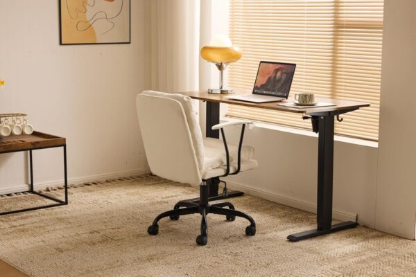 VINGLI Padded White Desk Chair with/No Wheels,Dual-Base,Removable Armrests,Adjustable Comfy Rolling Swivel Computer Task Nail Tech Chair for Home Office,Sewing,Makeup Vanity,Teen,Linen Fabric - Image 8