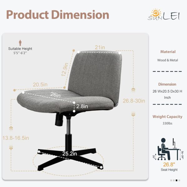 SUNLEI Cross Legged Office Chair, Armless Wide Chair's for Vanity Desk, Criss Cross Comfy Chairs with Back, Desk Chair/s of Height Adjustable Swivel, Light Grey - Image 2