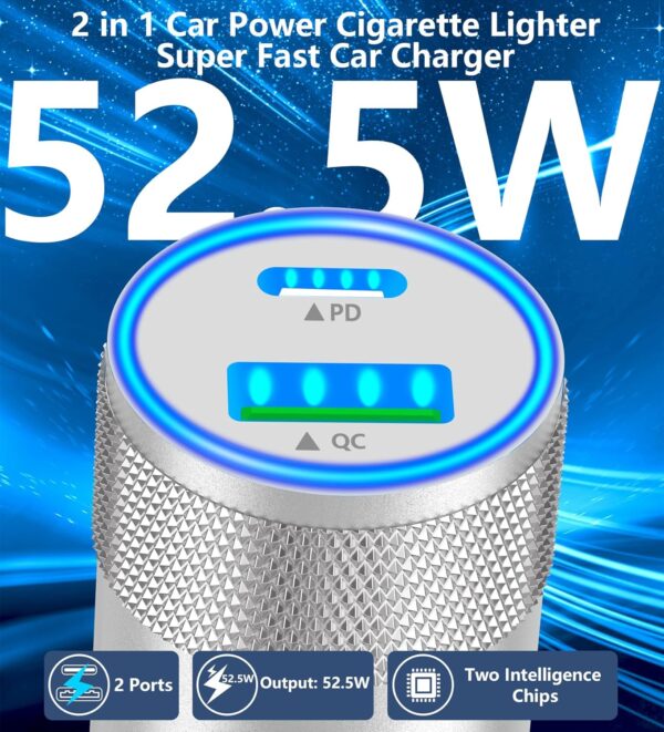 [Apple MFi Certified] iPhone 16 Fast Car Charger, Rombica 52.5W USB-C&USB-A Car Power Cigarette Lighter PD/QC USB-C Fast Car Charging with Type-C Cable for iPhone 16 Plus/16 Pro/16 Pro Max/15 Pro/iPad - Image 2