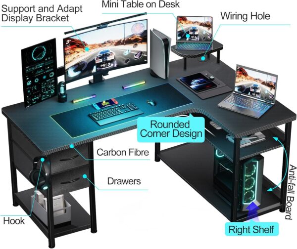 GTRACING Gaming Desk with Drawers, Carbon Fiber Style L Shaped Computer Desk Compatible with Monitor Arm Corner Desk Gaming Table for Home Office Desks, Easy to Assemble Adjustable Shelf Height - Image 3
