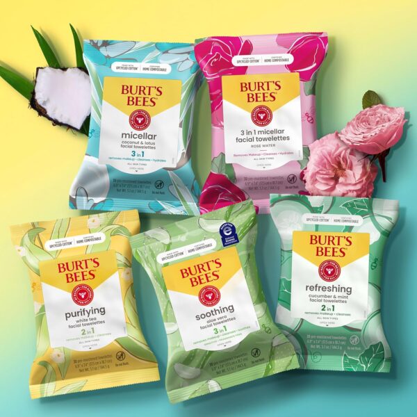 Burt's Bees, Rose Water Face Wipes, for All Skin Types, Hydrating Micellar Makeup Remover & Facial Cleansing Towelettes, 30 Count (1 Pack) - Image 11