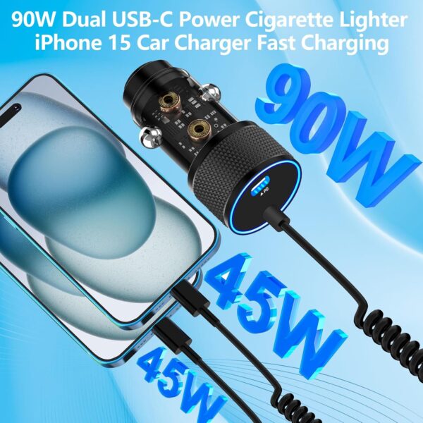 [Apple MFi Certified] iPhone 16 Fast Car Charger, KYOHAYA 90W Dual PD Power Cigarette Lighter USB-C Car Carplay Fast Charger with 6FT Coiled Type-C Cable for iPhone 16/16 Pro/16 Pro Max/15/15 Pro/iPad - Image 5