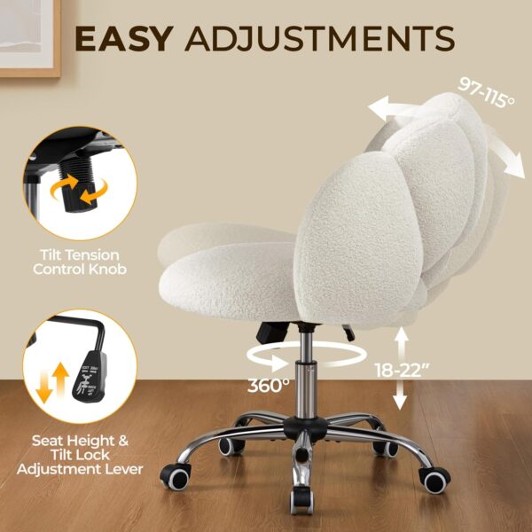 Yaheetech Boucle Upholstered Desk Chair Cloud-Shaped Vanity Chair Adjustable Home Office Computer with Rolling Wheels for Living Room, Bedroom White - Image 5