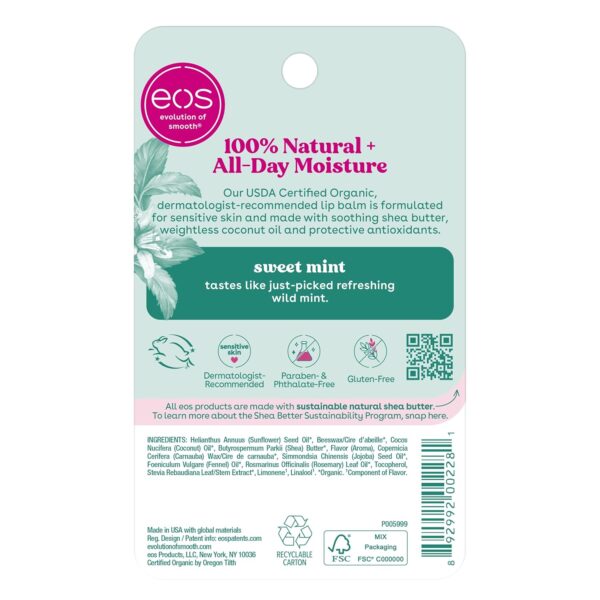 eos 100% Natural & Organic Lip Balm - Sweet Mint, All-Day Moisture, Dermatologist Recommended for Sensitive Skin Care, Lip Care Products, 0.25 oz - Image 7