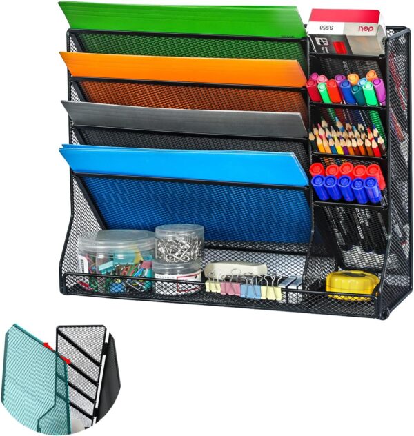 File Organizer Wall Mounted, 4 Tiers Durable Adjustable Metal Desk Organizer, Desktop Vertical Hanging File Holder with 4 Pen Slots Stable, 4 Pull-Out Divider for File, Mail, Newspaper, Black