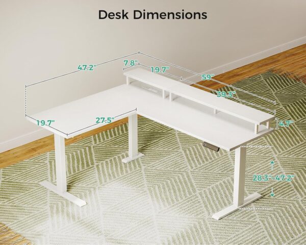 AODK Electric L-Shaped Standing Desk, 59 Inch Height Adjustable Office Desk with Monitor Stand, Sit-Stand Desk with Power Outlets, Large Lift Table for Home, Office, Workstation, White - Image 3