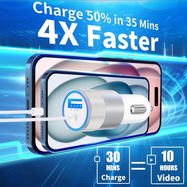【MFi Certified】iPhone Fast Car Charger, Caiinei 4.8A Dual USB Power Cigarette Lighter iPhone Car Charger Fast Charging Adapter + 6FT Lightning Cable for iPhone 14 13 12 11 Pro Max XS Mini XR X SE iPad - Image 3