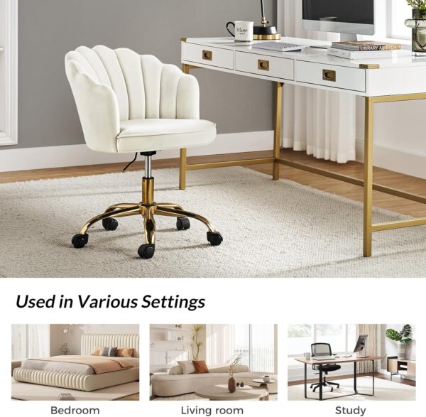 HULALA HOME Velvet Home Office Desk Chair with Gold Base, Adjustable Swivel Task Chair for Vanity, Women's Modern Cute Shell Back Upholstered Design, for Living Room, Ivory - Image 6