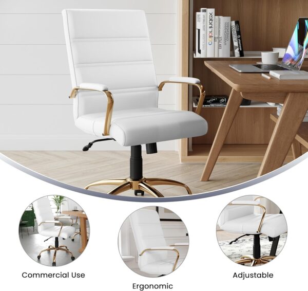 Flash Furniture Whitney Mid-Back Swivel LeatherSoft Desk Chair with Padded Seat and Armrests, Adjustable Height Padded Office Chair, White/Gold - Image 5