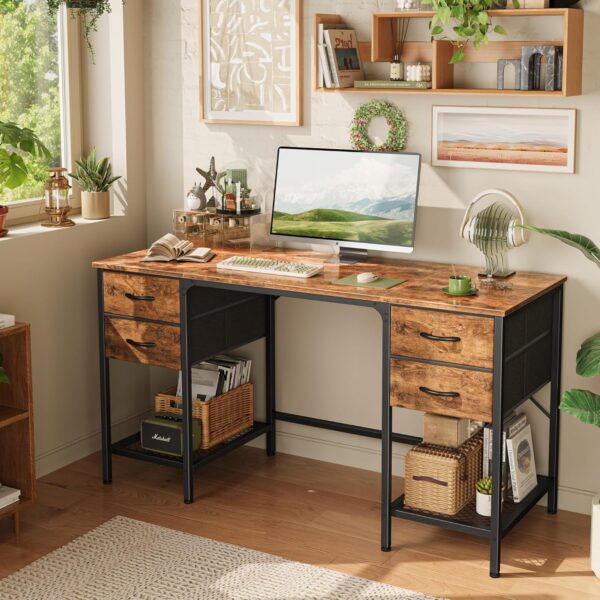 Huuger 55 Inch Computer Desk with 4 Drawers, Office Desk with Mesh Shelf, Gaming Desk, Large Storage, Writing Desk Work Desk for Home Office, Study, Bedroom, Work from Home, Rustic Brown - Image 2