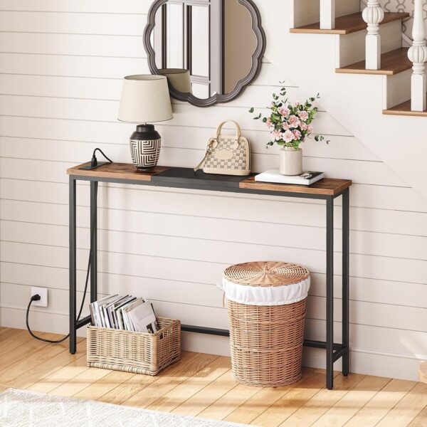HOOBRO Narrow Console Table with Power Outlets, 44.9-Inch Sofa Table, Slim Behind Couch Table, Entryway Display Shelf, for Living Room, Foyer, Hallway, Rustic Brown and Black BF114UXG01 - Image 2