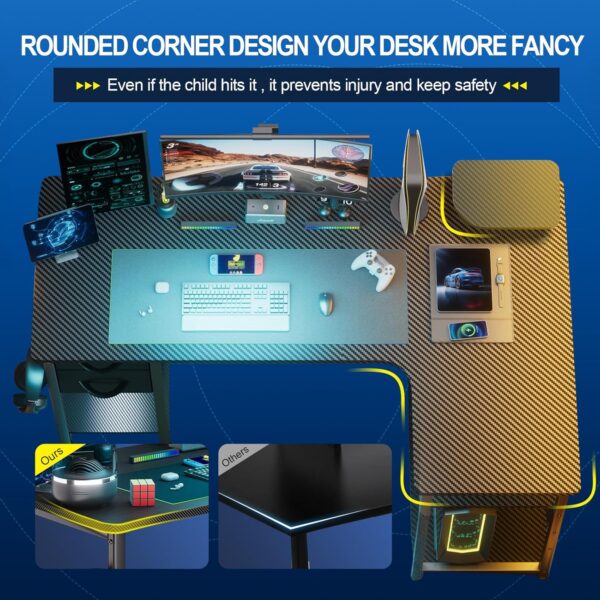 GTRACING Gaming Desk with Drawers, Carbon Fiber Style L Shaped Computer Desk Compatible with Monitor Arm Corner Desk Gaming Table for Home Office Desks, Easy to Assemble Adjustable Shelf Height - Image 4