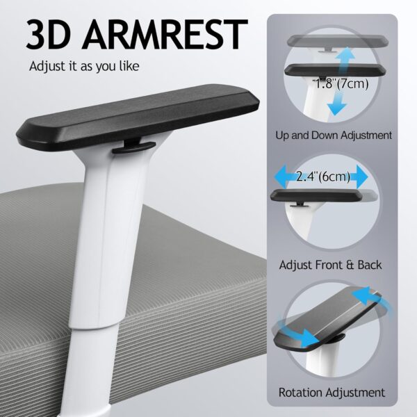 KERDOM Ergonomic Office Chair, Rolling Swivel Executive Desk Chair, Breathable Mesh Gaming Chair with Adjustable Headrest, 3D Armrest and Lumbar Support for Home Office LightGray - Image 4