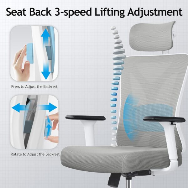 KERDOM Ergonomic Office Chair, Rolling Swivel Executive Desk Chair, Breathable Mesh Gaming Chair with Adjustable Headrest, 3D Armrest and Lumbar Support for Home Office LightGray - Image 7