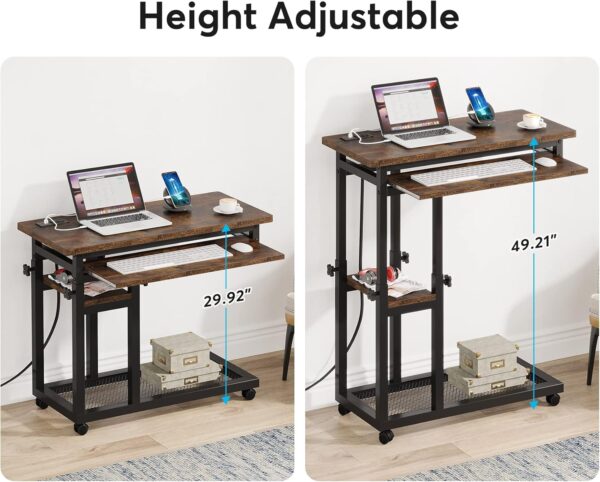 Tribesigns Small Portable Desk with Power Outlet, Height Adjustable Sofa Couch Bedside Laptop Table with Wheels, Mobile Standing Desk Rolling Computer Cart C Side Table with USB Ports - Image 5