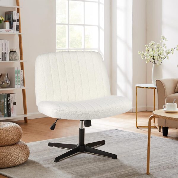 Sweetcrispy Criss Cross Chair Legged, Armless Office Wide Desk Chair No Wheels, Swivel Vanity Height Adjustable Fabric Modern Computer Task Seating for Home - Teddy Beige - Image 6