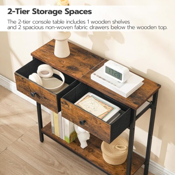 HOOBRO 29.5" Narrow Console Table with 2 Fabric Drawers, Small Entryway Table with 2-Tier Storage Shelves, Sofa Table, Behind Couch Table, for Living Room, Hallway, Rustic Brown and Black BF71XG01 - Image 5