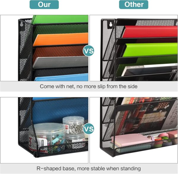 File Organizer Wall Mounted, 4 Tiers Durable Adjustable Metal Desk Organizer, Desktop Vertical Hanging File Holder with 4 Pen Slots Stable, 4 Pull-Out Divider for File, Mail, Newspaper, Black - Image 6