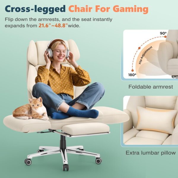 GABRYLLY Office Criss Cross Chair with Footrest, Big and Tall Executive Chair with Wide Seat,Reversible Armrest,Wheels, Lumbar Pillow and 120°Tilt,Computer Desk Chair for Gaming,Meditation,Ivory - Image 4