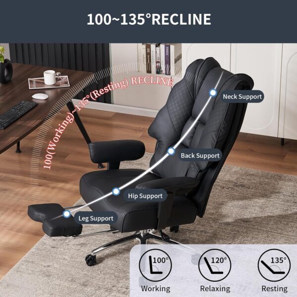 Big and Tall Office Chair 400lbs Wide Seat, Leather High Back Executive Office Chair with Foot Rest, Ergonomic Chairs Lumbar Support for Lower Back Pain Relief (Black) - Image 5