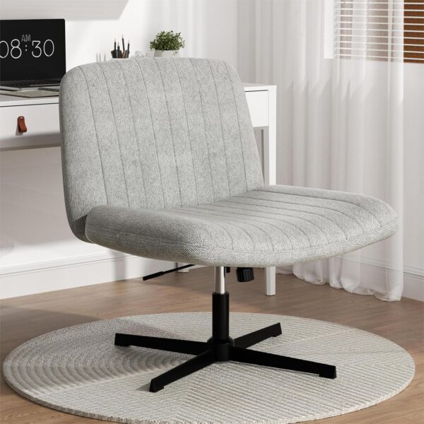 SUNLEI Cross Legged Office Chair, Armless Wide Chair's for Vanity Desk, Criss Cross Comfy Chairs with Back, Desk Chair/s of Height Adjustable Swivel, Light Grey