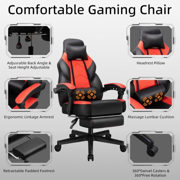 Shintenchi Gaming Chair,Video Game Chair with footrest and Massage Lumbar Support,Height Adjustable Game Chair with 360°Swivel Seat Ergonomic Computer Chair with Headrest for Office or Gaming(Red) - Image 8