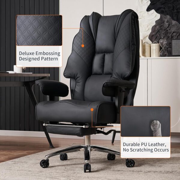 Big and Tall Office Chair 400lbs Wide Seat, Leather High Back Executive Office Chair with Foot Rest, Ergonomic Chairs Lumbar Support for Lower Back Pain Relief (Black) - Image 6