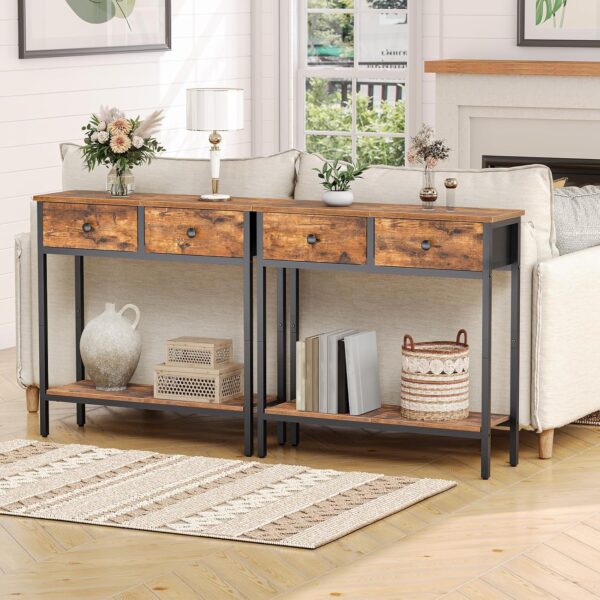 HOOBRO 29.5" Narrow Console Table with 2 Fabric Drawers, Small Entryway Table with 2-Tier Storage Shelves, Sofa Table, Behind Couch Table, for Living Room, Hallway, Rustic Brown and Black BF71XG01 - Image 7