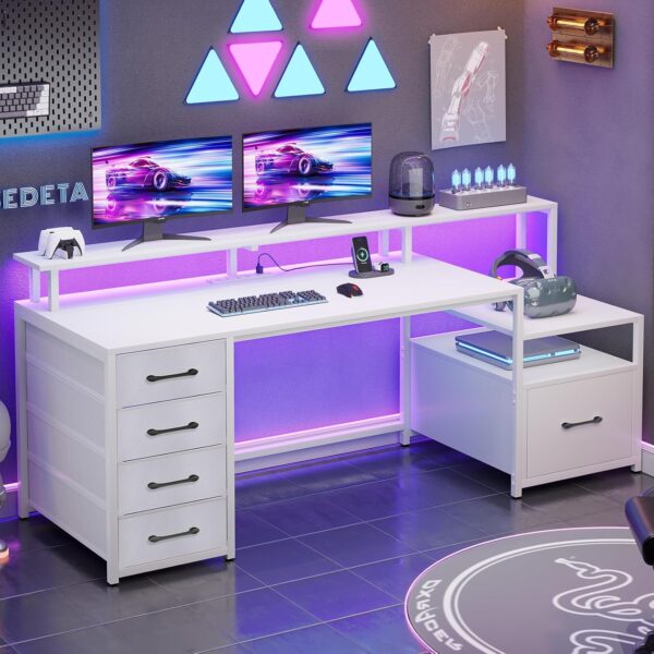 SEDETA White Computer Desk with 5 Drawer & Power Outlet, 66'' Home Office Desk with File Drawer, Storage Shelves, Printer Cabinet and Monitor Shelf, Gaming Desk with Led Lights - Image 3