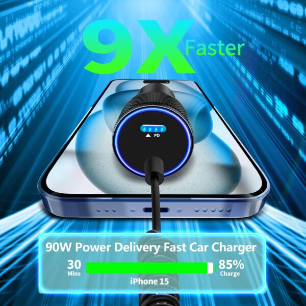 [Apple MFi Certified] iPhone 16 Fast Car Charger, KYOHAYA 90W Dual PD Power Cigarette Lighter USB-C Car Carplay Fast Charger with 6FT Coiled Type-C Cable for iPhone 16/16 Pro/16 Pro Max/15/15 Pro/iPad - Image 4