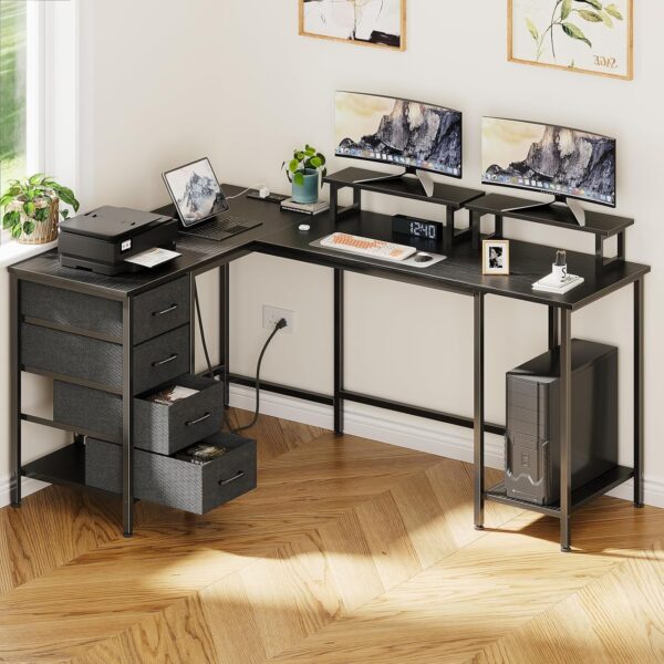 59 inch L Shaped Computer Desk with Power Outlets, Home Office Desk with 4 Adjustable Storage Drawers & 2 Monitor Stands, Two Person Gaming Table for Bedroom, Black - Image 9