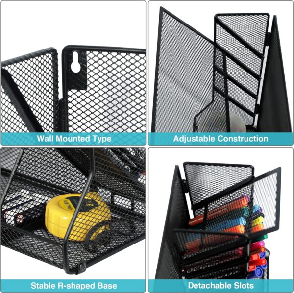 File Organizer Wall Mounted, 4 Tiers Durable Adjustable Metal Desk Organizer, Desktop Vertical Hanging File Holder with 4 Pen Slots Stable, 4 Pull-Out Divider for File, Mail, Newspaper, Black - Image 2