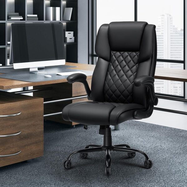 Big and Tall Office Chair 450lbs Heavy Duty Ergonomic Executive Desk Chair with Adjustable Lumbar Support High Back Home Computer Leather Chair with Padded Flip-up Arms for Heavy People Black - Image 2