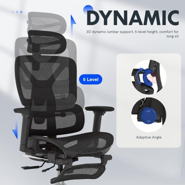 FLEXISPOT ErgoX Premium Ergonomic Office Chair with Footrest- Adjustable 3D Armrests, Dynamic Lumbar Support, Recline & Tilt Function, Mesh Seat, for Home & Office Use,Black - Image 9