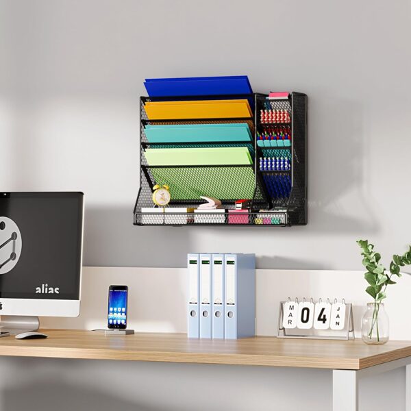 File Organizer Wall Mounted, 4 Tiers Durable Adjustable Metal Desk Organizer, Desktop Vertical Hanging File Holder with 4 Pen Slots Stable, 4 Pull-Out Divider for File, Mail, Newspaper, Black - Image 5