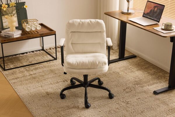 VINGLI Padded White Desk Chair with/No Wheels,Dual-Base,Removable Armrests,Adjustable Comfy Rolling Swivel Computer Task Nail Tech Chair for Home Office,Sewing,Makeup Vanity,Teen,Linen Fabric - Image 7