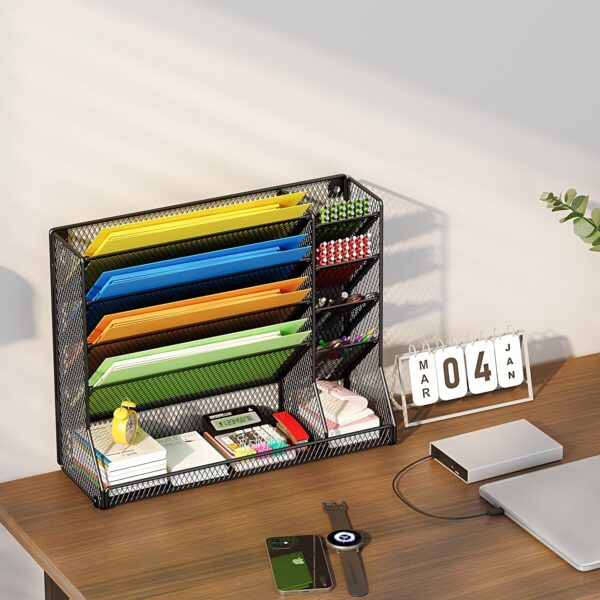File Organizer Wall Mounted, 4 Tiers Durable Adjustable Metal Desk Organizer, Desktop Vertical Hanging File Holder with 4 Pen Slots Stable, 4 Pull-Out Divider for File, Mail, Newspaper, Black - Image 4