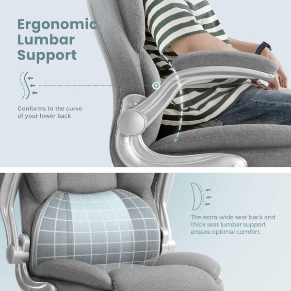 Executive Office Chair, Ergonomic Big and Tall Computer Desk Chair, High Back with Padded Flip-up Armrest, Lumbar Support Swivel Rolling Chair (Gray) - Image 3