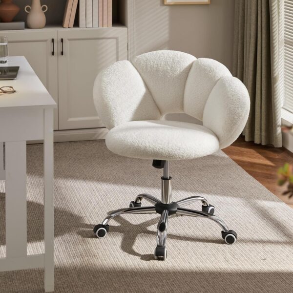 Yaheetech Boucle Upholstered Desk Chair Cloud-Shaped Vanity Chair Adjustable Home Office Computer with Rolling Wheels for Living Room, Bedroom White - Image 2