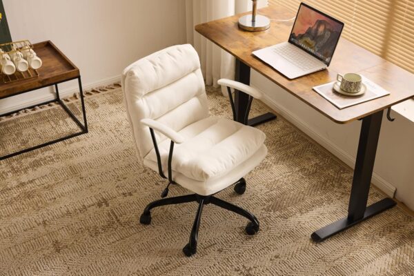 VINGLI Padded White Desk Chair with/No Wheels,Dual-Base,Removable Armrests,Adjustable Comfy Rolling Swivel Computer Task Nail Tech Chair for Home Office,Sewing,Makeup Vanity,Teen,Linen Fabric - Image 5
